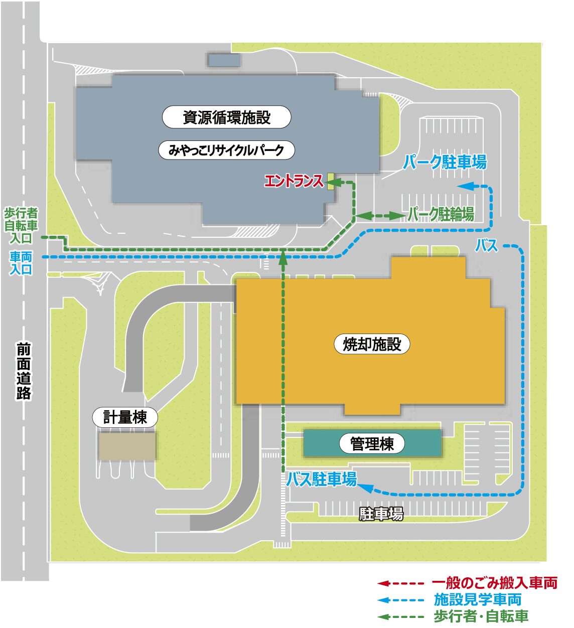 みやっこリサイクルパークの新駐車場配置図。車両入口からパーク駐車場への経路と、歩行者・自転車の入口を案内